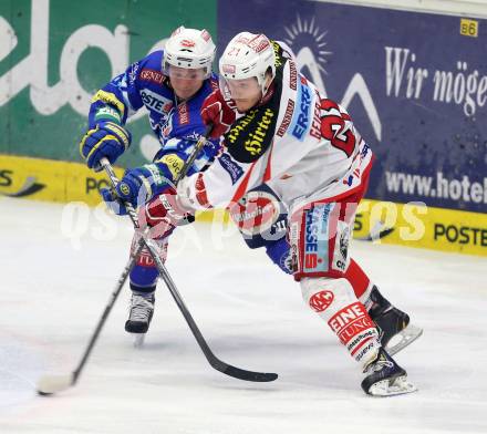 EBEL. Eishockey Bundesliga. EC VSV gegen KAC. Antti Pusa, (VSV), Manuel Geier  (KAC). Villach, am 13.1.2013.
Foto: Kuess 


---
pressefotos, pressefotografie, kuess, qs, qspictures, sport, bild, bilder, bilddatenbank