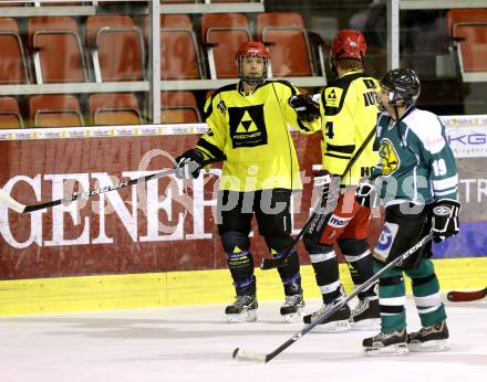 Eishockey Cup. Zeltverleih Bister gegen HC Post. Torjubel  Alexander rodiga, Christian Huber (Post). Klagenfurt, 16.1.2013.
Foto: Kuess
---
pressefotos, pressefotografie, kuess, qs, qspictures, sport, bild, bilder, bilddatenbank