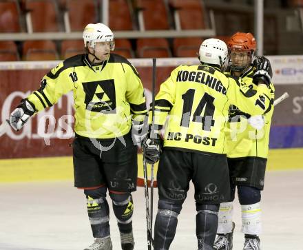 Eishockey Cup. Zeltverleih Bister gegen HC Post. Torjubel  Joerg Putzl Andreas Reichenhauser (Post). Klagenfurt, 16.1.2013.
Foto: Kuess
---
pressefotos, pressefotografie, kuess, qs, qspictures, sport, bild, bilder, bilddatenbank