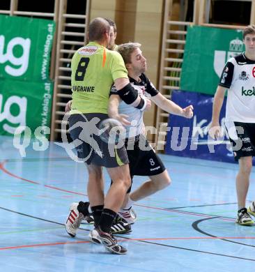 Handball Bundesliga. HC Kelag Kaernten gegen SC Ferlach. Anton Praeprost,  (HCK), Stefan Godec (SCF). Klagenfurt,19.1.2013.
Foto: Kuess
---
pressefotos, pressefotografie, kuess, qs, qspictures, sport, bild, bilder, bilddatenbank