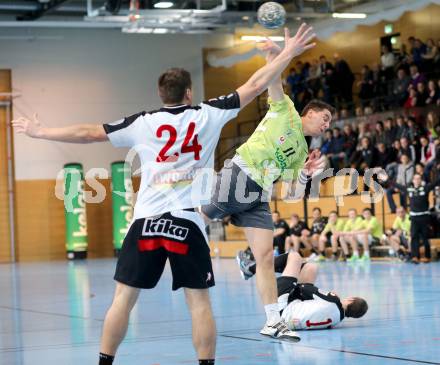 Handball Bundesliga. HC Kelag Kaernten gegen SC Ferlach. Markus Goeschl, (HCK), Daniel Plesej  (SCF). Klagenfurt,19.1.2013.
Foto: Kuess
---
pressefotos, pressefotografie, kuess, qs, qspictures, sport, bild, bilder, bilddatenbank