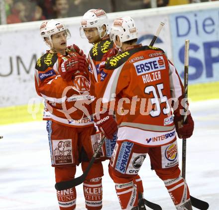 EBEL. Eishockey Bundesliga. EC KAC gegen SAPA Fehervar AV19. Torjubel Kevin Doell, Florian Iberer, Nikolaus Holzer  (KAC). Klagenfurt, am 20.1.2013.
Foto: Kuess 


---
pressefotos, pressefotografie, kuess, qs, qspictures, sport, bild, bilder, bilddatenbank