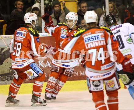 EBEL. Eishockey Bundesliga. EC KAC gegen SAPA Fehervar AV19. Torjubel Thomas Koch, Martin Schumnig  (KAC). Klagenfurt, am 20.1.2013.
Foto: Kuess 


---
pressefotos, pressefotografie, kuess, qs, qspictures, sport, bild, bilder, bilddatenbank