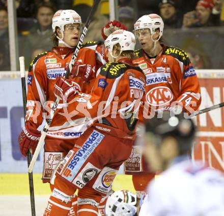 EBEL. Eishockey Bundesliga. EC KAC gegen SAPA Fehervar AV19.  Torjubel Thomas Hundertpfund, Markus Pirmann, Jamie Lundmark (KAC). Klagenfurt, am 20.1.2013.
Foto: Kuess 


---
pressefotos, pressefotografie, kuess, qs, qspictures, sport, bild, bilder, bilddatenbank