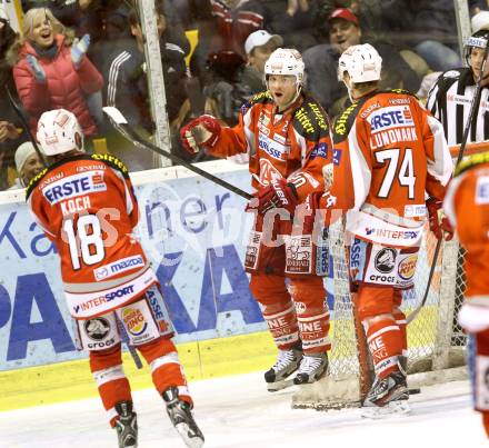 EBEL. Eishockey Bundesliga. EC KAC gegen SAPA Fehervar AV19.  Torjubel John Lammers, Thomas Koch, Jamie Lundmark (KAC). Klagenfurt, am 20.1.2013.
Foto: Kuess 


---
pressefotos, pressefotografie, kuess, qs, qspictures, sport, bild, bilder, bilddatenbank