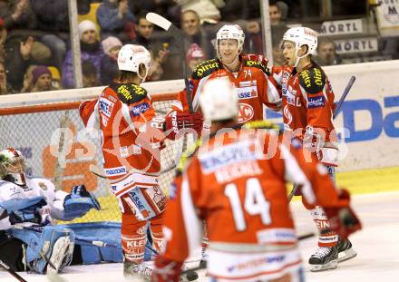 EBEL. Eishockey Bundesliga. EC KAC gegen SAPA Fehervar AV19. Torjubel John Lammers, Jamie Lundmark, Thomas Koch  (KAC). Klagenfurt, am 20.1.2013.
Foto: Kuess 


---
pressefotos, pressefotografie, kuess, qs, qspictures, sport, bild, bilder, bilddatenbank