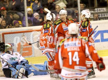 EBEL. Eishockey Bundesliga. EC KAC gegen SAPA Fehervar AV19. Torjubel John Lammers, Jamie Lundmark, Thomas Koch, Bence Balizs  (KAC). Klagenfurt, am 20.1.2013.
Foto: Kuess 


---
pressefotos, pressefotografie, kuess, qs, qspictures, sport, bild, bilder, bilddatenbank