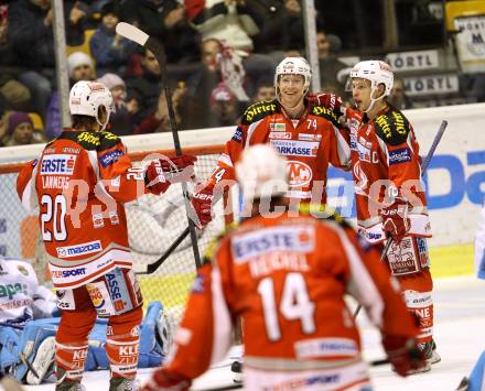 EBEL. Eishockey Bundesliga. EC KAC gegen SAPA Fehervar AV19. Torjubel John Lammers, Jamie Lundmark, Thomas Koch  (KAC). Klagenfurt, am 20.1.2013.
Foto: Kuess 


---
pressefotos, pressefotografie, kuess, qs, qspictures, sport, bild, bilder, bilddatenbank