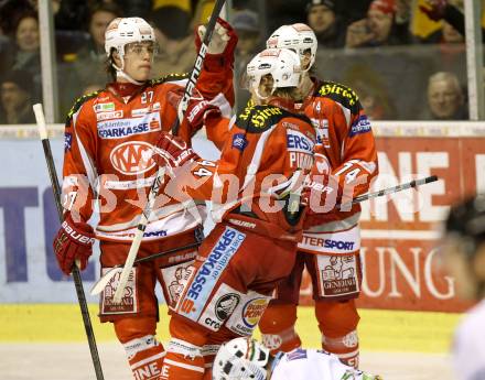 EBEL. Eishockey Bundesliga. EC KAC gegen SAPA Fehervar AV19.  Torjubel Thomas Hundertpfund, Markus Pirmann, Jamie Lundmark  (KAC). Klagenfurt, am 20.1.2013.
Foto: Kuess 


---
pressefotos, pressefotografie, kuess, qs, qspictures, sport, bild, bilder, bilddatenbank