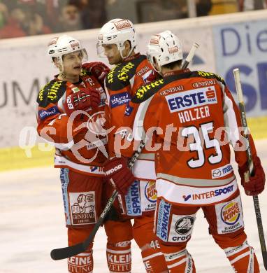 EBEL. Eishockey Bundesliga. EC KAC gegen SAPA Fehervar AV19.  Torjubel Kevin Doell, Florian Iberer, Nikolaus Holzer (KAC). Klagenfurt, am 20.1.2013.
Foto: Kuess 


---
pressefotos, pressefotografie, kuess, qs, qspictures, sport, bild, bilder, bilddatenbank