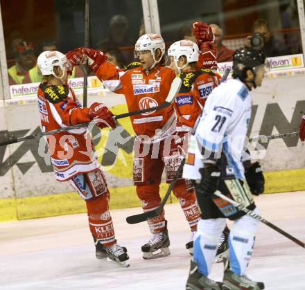 EBEL. Eishockey Bundesliga. EC KAC gegen SAPA Fehervar AV19. Torjubel John Lammers, Jamie Lundmark, Thomas Koch  (KAC). Klagenfurt, am 20.1.2013.
Foto: Kuess 


---
pressefotos, pressefotografie, kuess, qs, qspictures, sport, bild, bilder, bilddatenbank