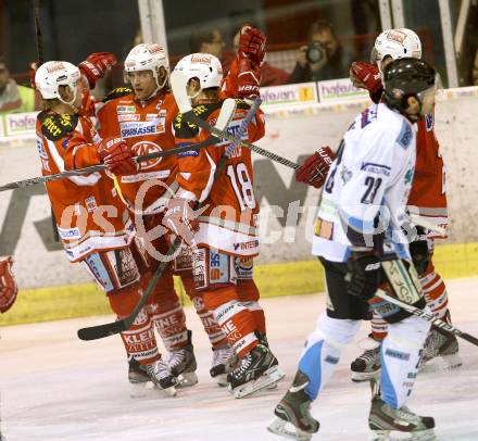 EBEL. Eishockey Bundesliga. EC KAC gegen SAPA Fehervar AV19.  Torjubel John Lammers, Jamie Lundmark, Thomas Koch (KAC). Klagenfurt, am 20.1.2013.
Foto: Kuess 


---
pressefotos, pressefotografie, kuess, qs, qspictures, sport, bild, bilder, bilddatenbank