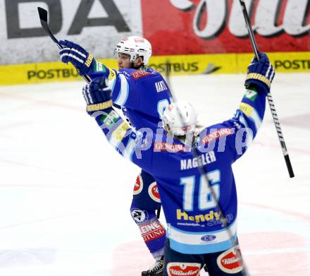 EBEL. Eishockey Bundesliga. EC VSV gegen KHL Medvescak Zagreb. Torjubel Nikolaus Hartl, Daniel Nageler (VSV). Villach, am 22.1.2013.
Foto: Kuess 


---
pressefotos, pressefotografie, kuess, qs, qspictures, sport, bild, bilder, bilddatenbank