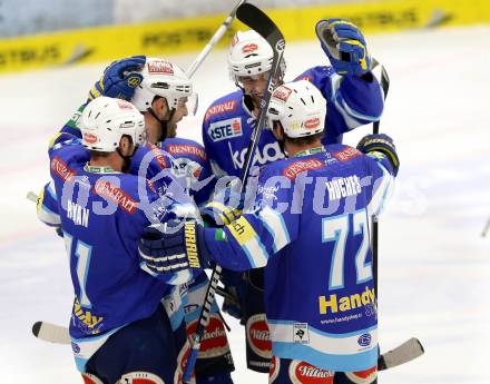 EBEL. Eishockey Bundesliga. EC VSV gegen KHL Medvescak Zagreb. Torjubel Derek Ryan, Scott Hotham, Markus Peintner, Brad Cole, John Hughes (VSV). Villach, am 22.1.2013.
Foto: Kuess 


---
pressefotos, pressefotografie, kuess, qs, qspictures, sport, bild, bilder, bilddatenbank