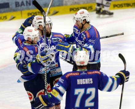 EBEL. Eishockey Bundesliga. EC VSV gegen KHL Medvescak Zagreb. Torjubel Derek Ryan, Scott Hotham, Markus Peintner, Brad Cole, John Hughes (VSV). Villach, am 22.1.2013.
Foto: Kuess 


---
pressefotos, pressefotografie, kuess, qs, qspictures, sport, bild, bilder, bilddatenbank