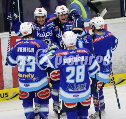 EBEL. Eishockey Bundesliga. EC VSV gegen KHL Medvescak Zagreb.  Torjubel Nikolaus Hartl, Daniel Nageler (VSV). Villach, am 22.1.2013.
Foto: Kuess 


---
pressefotos, pressefotografie, kuess, qs, qspictures, sport, bild, bilder, bilddatenbank