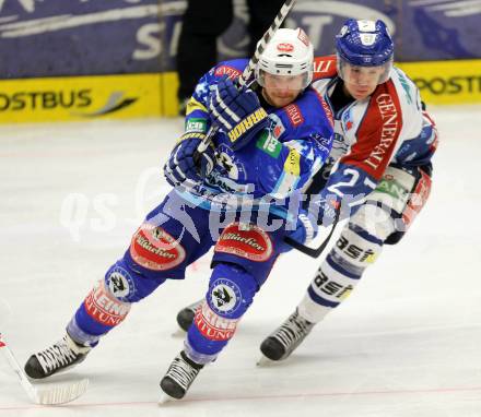 EBEL. Eishockey Bundesliga. EC VSV gegen KHL Medvescak Zagreb. Andreas Wiedergut,  (VSV), Anthony Yelovich (Zagreb). Villach, am 22.1.2013.
Foto: Kuess 


---
pressefotos, pressefotografie, kuess, qs, qspictures, sport, bild, bilder, bilddatenbank