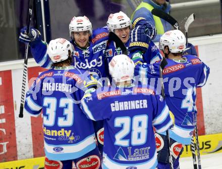 EBEL. Eishockey Bundesliga. EC VSV gegen KHL Medvescak Zagreb. Torjubel Torjubel Nikolaus Hartl, Daniel Nageler (VSV). Villach, am 22.1.2013.
Foto: Kuess 


---
pressefotos, pressefotografie, kuess, qs, qspictures, sport, bild, bilder, bilddatenbank