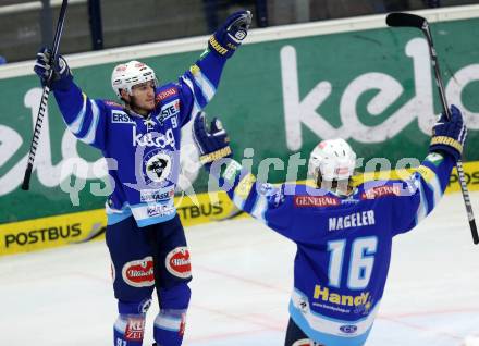 EBEL. Eishockey Bundesliga. EC VSV gegen KHL Medvescak Zagreb. Torjubel Nikolaus Hartl, Daniel Nageler (VSV). Villach, am 22.1.2013.
Foto: Kuess 


---
pressefotos, pressefotografie, kuess, qs, qspictures, sport, bild, bilder, bilddatenbank