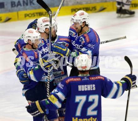 EBEL. Eishockey Bundesliga. EC VSV gegen KHL Medvescak Zagreb. Torjubel Derek Ryan, Scott Hotham, Markus Peintner, Brad Cole, John Hughes (VSV). Villach, am 22.1.2013.
Foto: Kuess 


---
pressefotos, pressefotografie, kuess, qs, qspictures, sport, bild, bilder, bilddatenbank