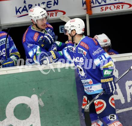 EBEL. Eishockey Bundesliga. EC VSV gegen KHL Medvescak Zagreb. Torjubel Nikolaus Hartl, JustinTaylor (VSV). Villach, am 22.1.2013.
Foto: Kuess 


---
pressefotos, pressefotografie, kuess, qs, qspictures, sport, bild, bilder, bilddatenbank