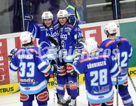 EBEL. Eishockey Bundesliga. EC VSV gegen KHL Medvescak Zagreb. Torjubel Nikolaus Hartl, Daniel Nageler (VSV). Villach, am 22.1.2013.
Foto: Kuess 


---
pressefotos, pressefotografie, kuess, qs, qspictures, sport, bild, bilder, bilddatenbank