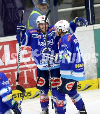 EBEL. Eishockey Bundesliga. EC VSV gegen KHL Medvescak Zagreb. Torjubel Nikolaus Hartl, Daniel Nageler (VSV). Villach, am 22.1.2013.
Foto: Kuess 


---
pressefotos, pressefotografie, kuess, qs, qspictures, sport, bild, bilder, bilddatenbank