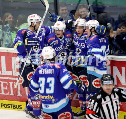 EBEL. Eishockey Bundesliga. EC VSV gegen UPC Vienna Capitals.  Torjubel ORAZE Martin, NAGELER Daniel, GOEHRINGER Marius, PLATZER Patrick (VSV). Villach, am 27.1.2013.
Foto: Kuess 


---
pressefotos, pressefotografie, kuess, qs, qspictures, sport, bild, bilder, bilddatenbank