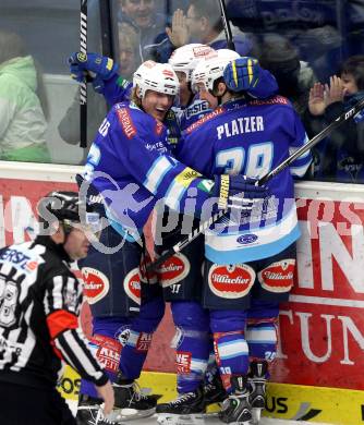 EBEL. Eishockey Bundesliga. EC VSV gegen UPC Vienna Capitals. Torjubel Daniel Nageler, Marius Goehringer, Patrick Platzer (VSV). Villach, am 27.1.2013.
Foto: Kuess 


---
pressefotos, pressefotografie, kuess, qs, qspictures, sport, bild, bilder, bilddatenbank