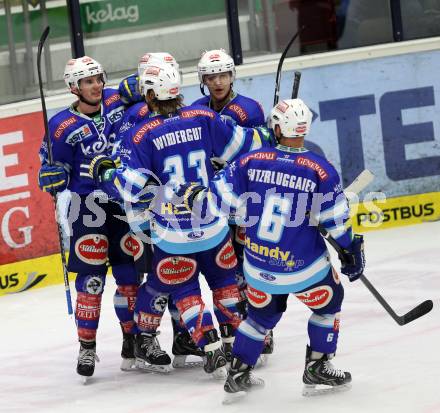 EBEL. Eishockey Bundesliga. EC VSV gegen UPC Vienna Capitals.  Torjubel  Markus Peintner, John Hughes, Andreas Wiedergut, RYAN Derek, UNTERLUGGAUER Gerhard (VSV).. Villach, am 27.1.2013.
Foto: Kuess 


---
pressefotos, pressefotografie, kuess, qs, qspictures, sport, bild, bilder, bilddatenbank