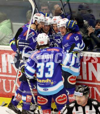 EBEL. Eishockey Bundesliga. EC VSV gegen UPC Vienna Capitals. Torjubel ORAZE Martin, NAGELER Daniel, GOEHRINGER Marius, PLATZER Patrick (VSV). Villach, am 27.1.2013.
Foto: Kuess 


---
pressefotos, pressefotografie, kuess, qs, qspictures, sport, bild, bilder, bilddatenbank