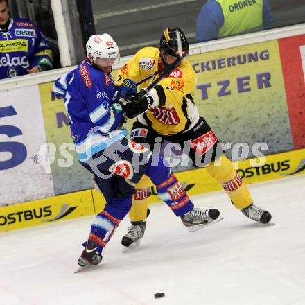 EBEL. Eishockey Bundesliga. EC VSV gegen UPC Vienna Capitals. Benjamin Petrik,  (VSV), Adrian Veidemann (Vienna). Villach, am 27.1.2013.
Foto: Kuess 


---
pressefotos, pressefotografie, kuess, qs, qspictures, sport, bild, bilder, bilddatenbank