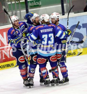 EBEL. Eishockey Bundesliga. EC VSV gegen UPC Vienna Capitals. Torjubel  Markus Peintner, John Hughes, Andreas Wiedergut, RYAN Derek, (VSV). Villach, am 27.1.2013.
Foto: Kuess 


---
pressefotos, pressefotografie, kuess, qs, qspictures, sport, bild, bilder, bilddatenbank