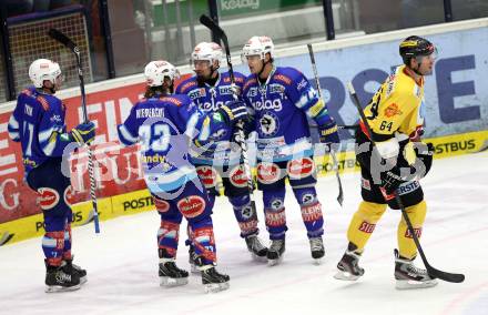 EBEL. Eishockey Bundesliga. EC VSV gegen UPC Vienna Capitals. Torjubel  Markus Peintner, John Hughes, Andreas Wiedergut, RYAN Derek (VSV). Villach, am 27.1.2013.
Foto: Kuess 


---
pressefotos, pressefotografie, kuess, qs, qspictures, sport, bild, bilder, bilddatenbank