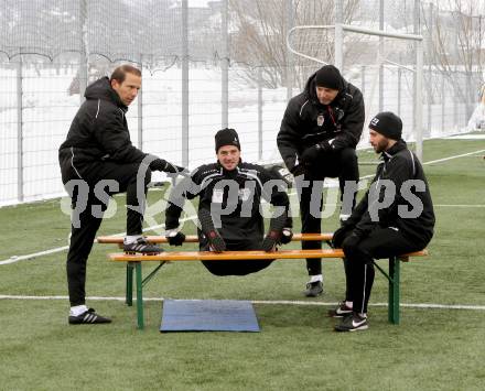 Fussball. WAC. Training. Rene Poms, Christian Falk, Slobodan Grubor, Stephan Stueckler. St. Andrae, 28.1.2013. 
Foto: Kuess
---
pressefotos, pressefotografie, kuess, qs, qspictures, sport, bild, bilder, bilddatenbank