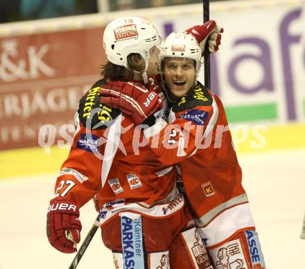 EBEL. Eishockey Bundesliga. EC KAC gegen VSV.  Torjubel Thomas HUndertpfund, Manuel Geier  (KAC). Klagenfurt, am 29.1.2013.
Foto: Kuess 


---
pressefotos, pressefotografie, kuess, qs, qspictures, sport, bild, bilder, bilddatenbank