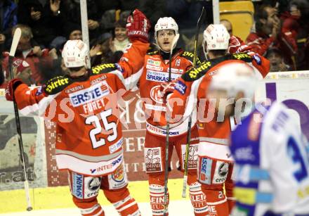 EBEL. Eishockey Bundesliga. EC KAC gegen VSV. Torjubel Kirk Furey, Stephan Geier, Manuel Geier (KAC)  (KAC). Klagenfurt, am 29.1.2013.
Foto: Kuess 


---
pressefotos, pressefotografie, kuess, qs, qspictures, sport, bild, bilder, bilddatenbank