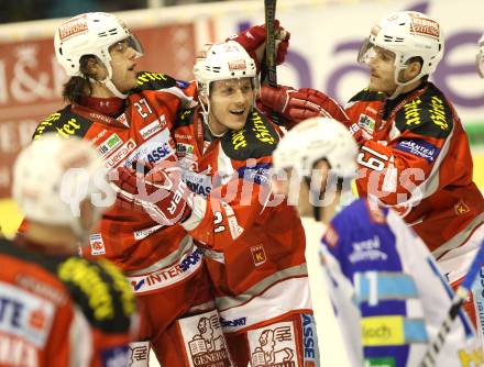 EBEL. Eishockey Bundesliga. EC KAC gegen VSV.  Torjubel Thomas HUndertpfund, Manuel Geier, Stephan Geier  (KAC). Klagenfurt, am 29.1.2013.
Foto: Kuess 


---
pressefotos, pressefotografie, kuess, qs, qspictures, sport, bild, bilder, bilddatenbank