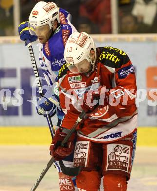 EBEL. Eishockey Bundesliga. EC KAC gegen VSV. Johannes Kirisits  (KAC),  Derek Damon(VSV). Klagenfurt, am 29.1.2013.
Foto: Kuess 


---
pressefotos, pressefotografie, kuess, qs, qspictures, sport, bild, bilder, bilddatenbank