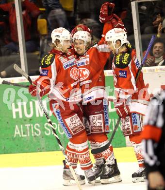 EBEL. Eishockey Bundesliga. EC KAC gegen VSV.  Torjubel Markus Pirmann, Tyler Scofield, Thomas Koch (KAC),. Klagenfurt, am 29.1.2013.
Foto: Kuess 


---
pressefotos, pressefotografie, kuess, qs, qspictures, sport, bild, bilder, bilddatenbank