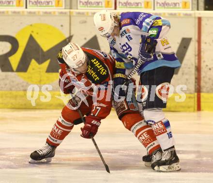 EBEL. Eishockey Bundesliga. EC KAC gegen VSV. Thomas HUndertpfund  (KAC), Daniel Nageler (VSV). Klagenfurt, am 29.1.2013.
Foto: Kuess 


---
pressefotos, pressefotografie, kuess, qs, qspictures, sport, bild, bilder, bilddatenbank