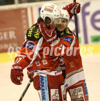 EBEL. Eishockey Bundesliga. EC KAC gegen VSV. Torjubel Thomas HUndertpfund, Manuel Geier  (KAC). Klagenfurt, am 29.1.2013.
Foto: Kuess 


---
pressefotos, pressefotografie, kuess, qs, qspictures, sport, bild, bilder, bilddatenbank