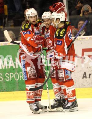 EBEL. Eishockey Bundesliga. EC KAC gegen VSV.   Torjubel Markus Pirmann, Tyler Scofield, Thomas Koch (KAC). Klagenfurt, am 29.1.2013.
Foto: Kuess 


---
pressefotos, pressefotografie, kuess, qs, qspictures, sport, bild, bilder, bilddatenbank