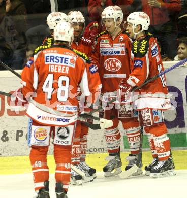 EBEL. Eishockey Bundesliga. EC KAC gegen VSV.  Torjubel Kirk Furey, Thomas Koch (KAC),  (VSV). Klagenfurt, am 29.1.2013.
Foto: Kuess 


---
pressefotos, pressefotografie, kuess, qs, qspictures, sport, bild, bilder, bilddatenbank