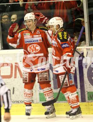 EBEL. Eishockey Bundesliga. EC KAC gegen VSV.  Torjubel Kirk Furey, Thomas Koch (KAC). Klagenfurt, am 29.1.2013.
Foto: Kuess 


---
pressefotos, pressefotografie, kuess, qs, qspictures, sport, bild, bilder, bilddatenbank