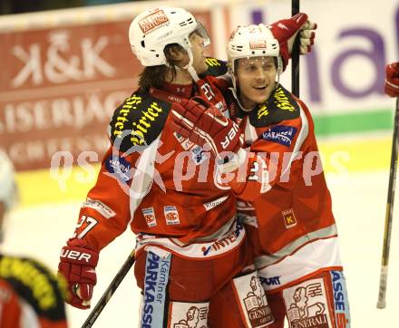 EBEL. Eishockey Bundesliga. EC KAC gegen VSV.  Torjubel Thomas HUndertpfund, Manuel Geier  (KAC). Klagenfurt, am 29.1.2013.
Foto: Kuess 


---
pressefotos, pressefotografie, kuess, qs, qspictures, sport, bild, bilder, bilddatenbank