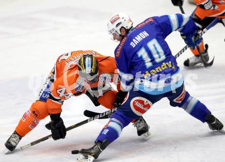 EBEL. Eishockey Bundesliga. EC VSV gegen Moser Medical Graz 99ers.  Derek Damon,  (VSV), Olivier Latendresse (Graz). Villach, am 31.1.2013.
Foto: Kuess 


---
pressefotos, pressefotografie, kuess, qs, qspictures, sport, bild, bilder, bilddatenbank