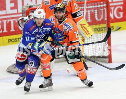 EBEL. Eishockey Bundesliga. EC VSV gegen Moser Medical Graz 99ers.  Derek Damon,  (VSV), Mario Scalzo (Graz). Villach, am 31.1.2013.
Foto: Kuess 


---
pressefotos, pressefotografie, kuess, qs, qspictures, sport, bild, bilder, bilddatenbank