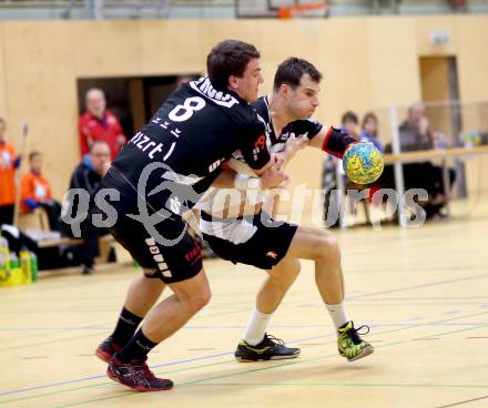 Handball Bundesliga. Aufstiegsrunde. SC Ferlach gegen ULZ Sparkasse Schwaz. Miro Barisic,  (Ferlach), Philip Zangerl (Schwarz). Ferlach, 9.2.2013.
Foto: Kuess
---
pressefotos, pressefotografie, kuess, qs, qspictures, sport, bild, bilder, bilddatenbank