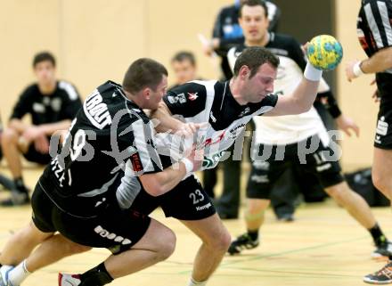 Handball Bundesliga. Aufstiegsrunde. SC Ferlach gegen ULZ Sparkasse Schwaz. Boris Vodisek, (Ferlach), Mindaugas Andriuska (Schwarz). Ferlach, 9.2.2013.
Foto: Kuess
---
pressefotos, pressefotografie, kuess, qs, qspictures, sport, bild, bilder, bilddatenbank